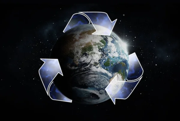 Illustration Von Recycling Symbol Und Erde Auf Dunklem Hintergrund — Stockfoto