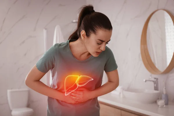 Sick Woman Suffering Pain Bathroom Illustration Unhealthy Liver Hepatitis Disease — 图库照片
