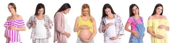 Collage Photos Happy Pregnant Women White Background Banner Design — Stock Photo, Image