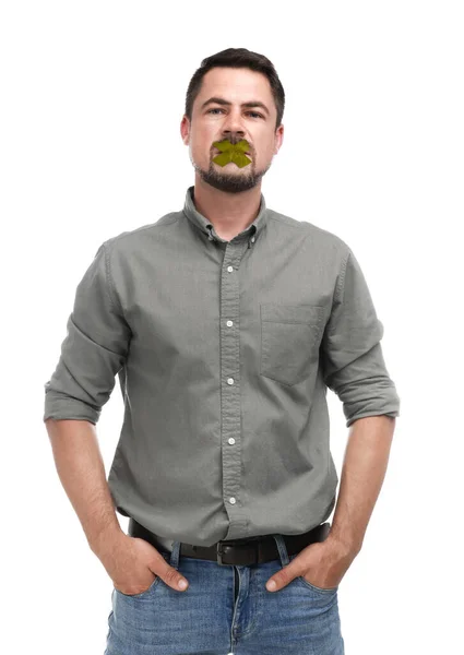 Mature Man Taped Mouth White Background Speech Censorship — Stock Photo, Image