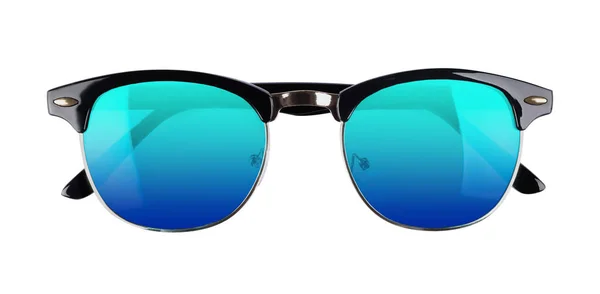 New Stylish Sunglasses Light Blue Lenses White Background Top View — 图库照片