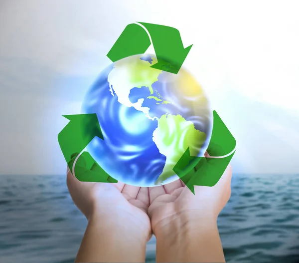 Woman Holding Virtual Image Earth Recycling Symbol Ocean Closeup View — Fotografia de Stock