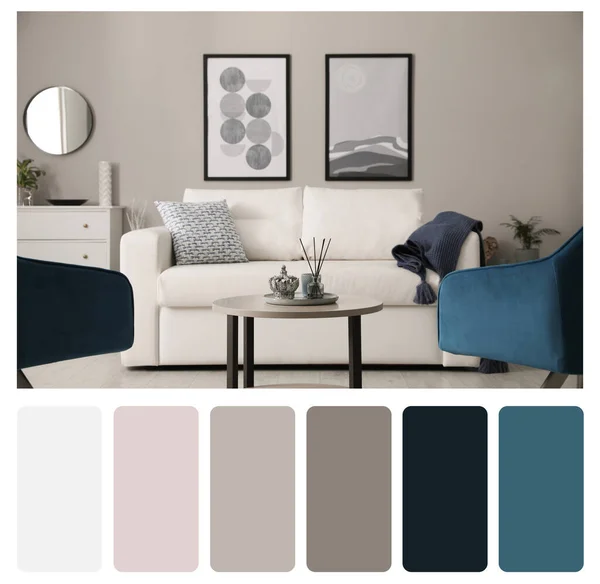 Color Palette Photo Stylish Living Room Interior Collage — 스톡 사진