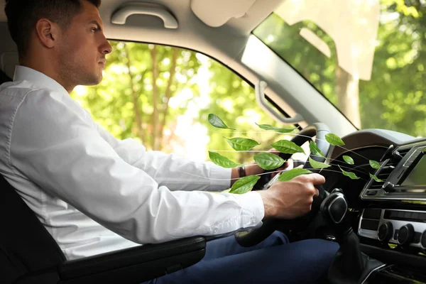 Man Driving Car Feeling Tea Leaves Scent Ventilation Closeup Air — Foto de Stock