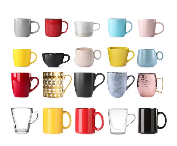 Set Different Beautiful Cups White Background — Stockfoto