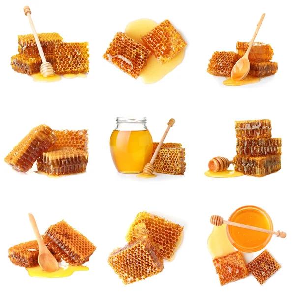 Set Fresh Delicious Honeycombs White Background — Foto de Stock