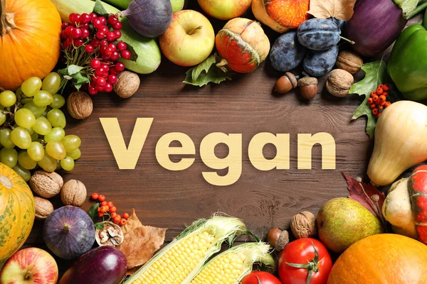 Word Vegan Frisches Gemüse Und Obst Auf Holzboden Flache Lage — Stockfoto