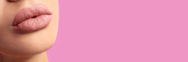 Woman Beautiful Lips Pink Background Closeup View Space Text Banner — ストック写真