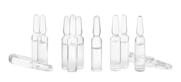 Set Met Glazen Ampullen Met Farmaceutische Producten Witte Achtergrond Banner — Stockfoto