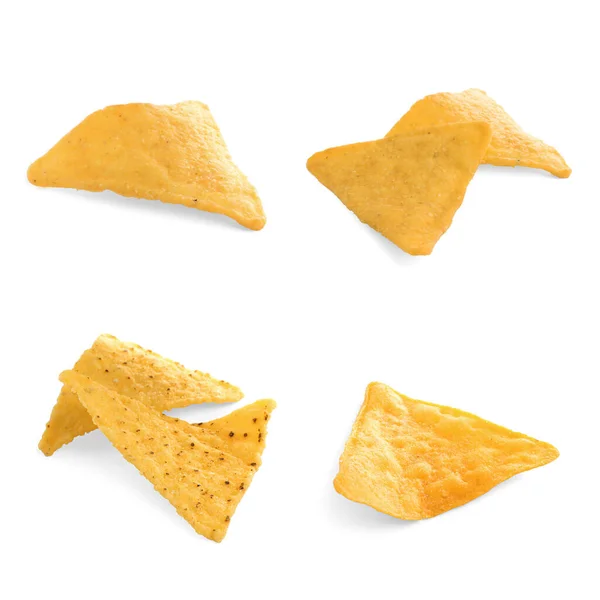 Set Tasty Tortilla Chips Nachos White Background — Zdjęcie stockowe