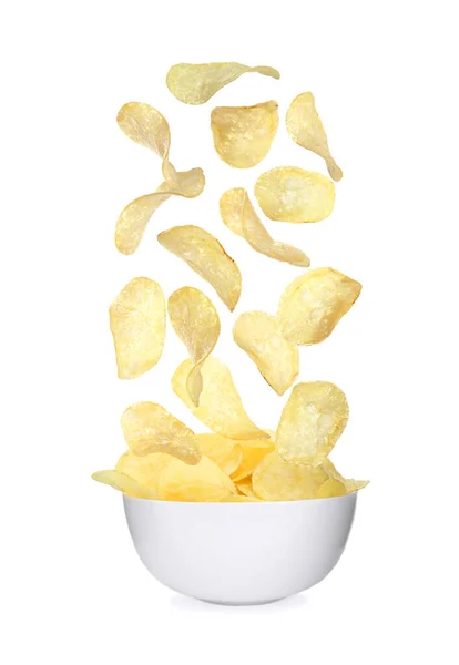 Fried Crispy Potato Chips Falling Bowl White Background — 스톡 사진