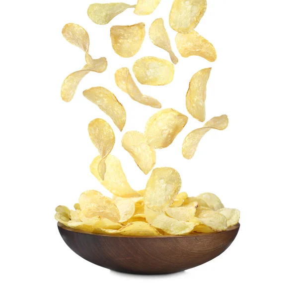 Fried Crispy Potato Chips Falling Bowl White Background — Stock fotografie