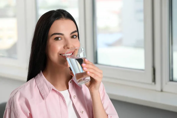 Young Woman Drinking Water Indoors Space Text Refreshing Drink — Stok Foto