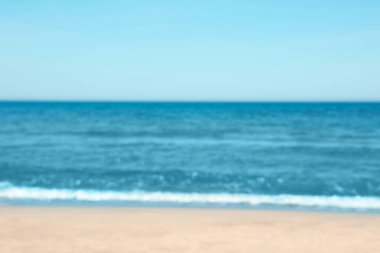 Güneşli bir günde bulanık deniz ve kumlu plaj manzarası