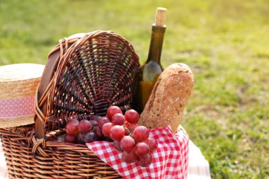 Dışarıdaki yeşil çimlerin üzerinde şarap, ekmek, üzüm ve peçete dolu hasır piknik sepeti, yakın plan. Metin için boşluk