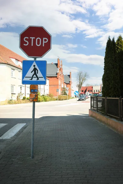 Many Different Traffic Signs City Street — Stockfoto