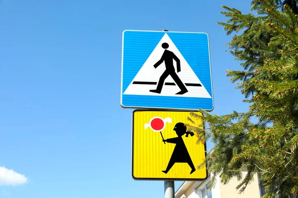 Different Traffic Signs Blue Sky Space Text — Stock fotografie