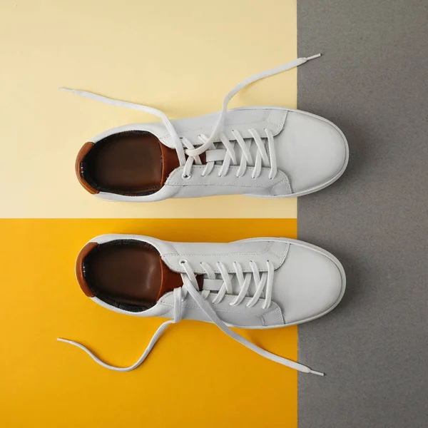 Pair Stylish White Sneakers Color Background Flat Lay — Stock Photo, Image