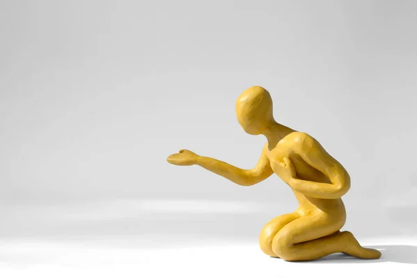 Plasticine Figure Human Asking Help White Background Space Text — Photo