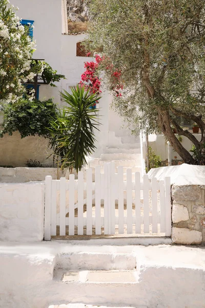 Beautiful Yard Fence White Wooden Gate Sunny Day — Stock Photo, Image