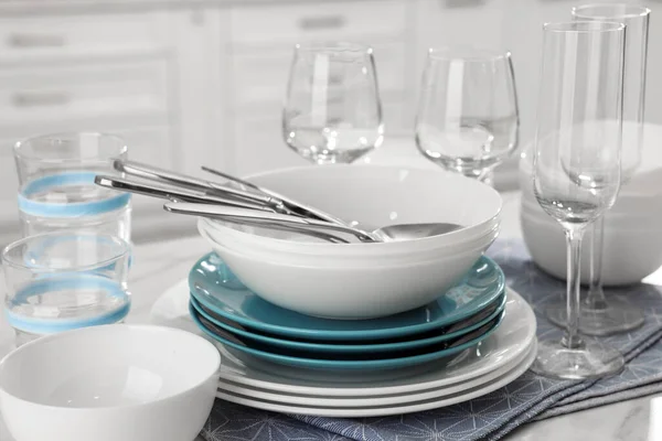 Different Clean Dishware Cutlery Glasses White Table Kitchen Closeup — Stock Photo, Image