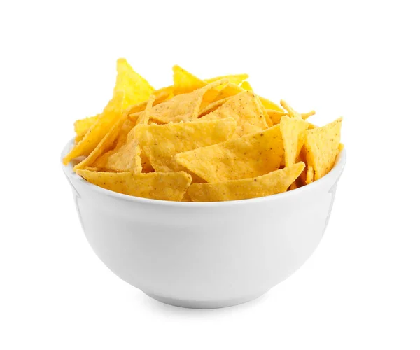 Bowl Tasty Tortilla Chips Nachos White Background — Stockfoto