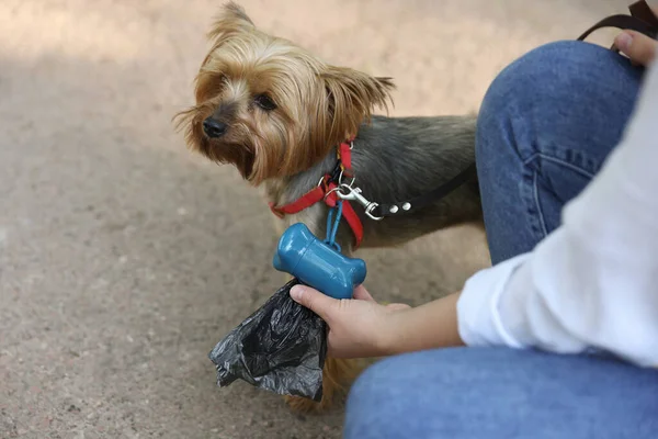 Woman with cute dog taking waste bag from holder outdoors, closeup
