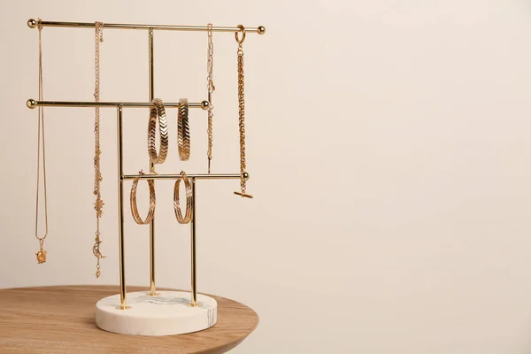 Holder Set Luxurious Jewelry Wooden Table Space Text — Φωτογραφία Αρχείου