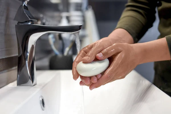 Woman Soap Bar Washing Hands Bathroom Closeup — 스톡 사진