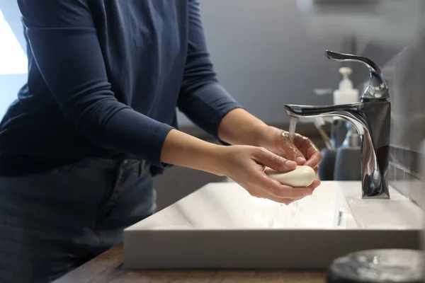 Woman Soap Bar Washing Hands Bathroom Closeup — Fotografia de Stock