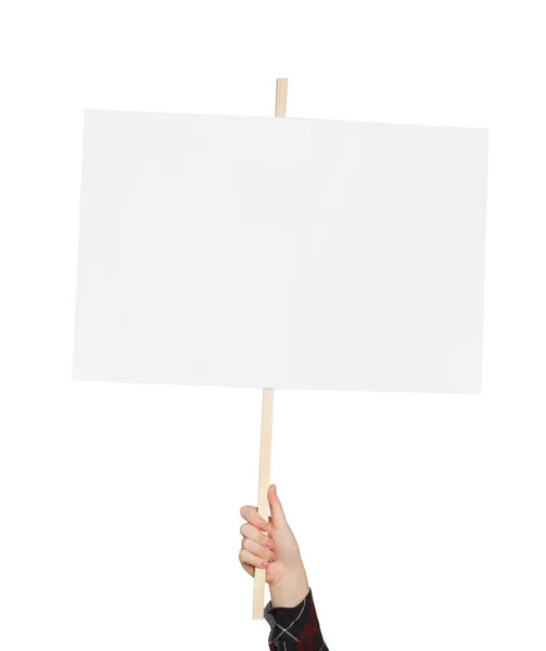 Mulher Segurando Sinal Protesto Branco Fundo Branco Close — Fotografia de Stock