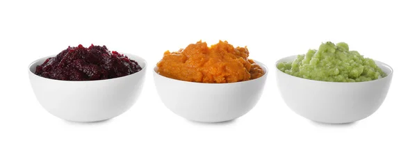 Different Delicious Puree Bowls White Background Healthy Food — Fotografia de Stock