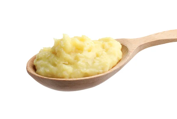 Wooden Spoon Tasty Mashed Potatoes Isolated White — Stock Photo, Image