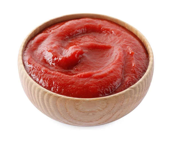 Tasty Ketchup Wooden Bowl Isolated White Closeup — Foto de Stock