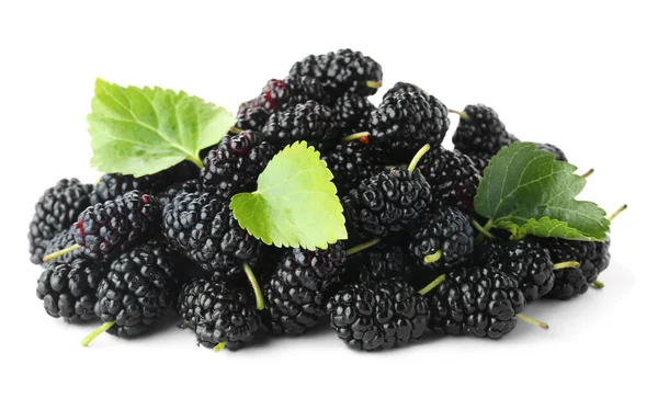 Pile Ripe Black Mulberries White Background — Stockfoto