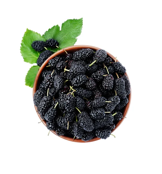 Mulberries Pretas Maduras Folhas Fundo Branco Vista Superior — Fotografia de Stock