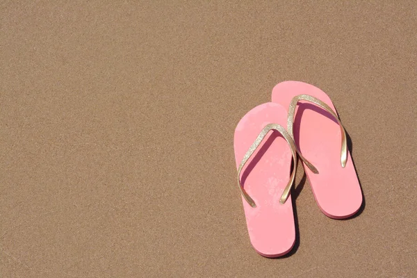 Stylish Pink Flip Flops Wet Sand View Space Text — Φωτογραφία Αρχείου