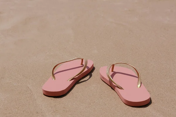 Stylish Pink Flip Flops Wet Sand Space Text —  Fotos de Stock