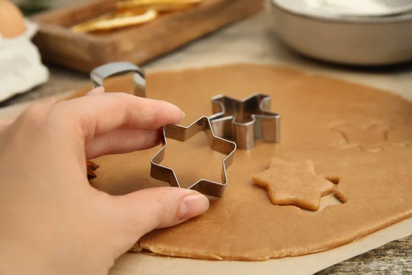 Woman Holding Cookie Cutter Table Closeup Christmas Biscuits — 图库照片