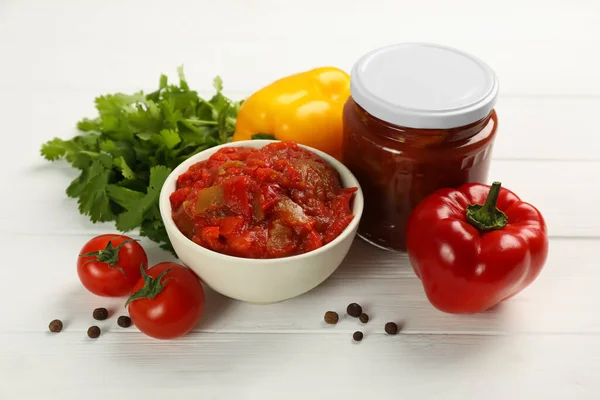 Glass Jar Delicious Canned Lecho Fresh Ingredients White Wooden Table — Stock Photo, Image