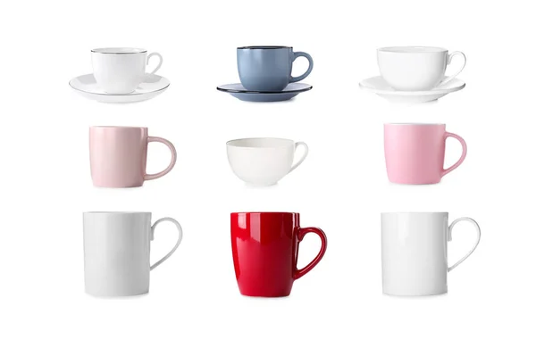 Set Different Beautiful Cups White Background — Stok fotoğraf