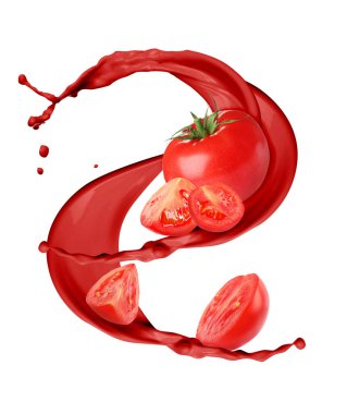 Taze olgun domatesler ve beyaz arka planda serpinti suyu.