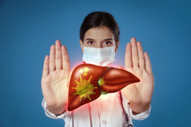 Woman showing stop gesture and illustration of unhealthy liver on blue background. Viral hepatitis
