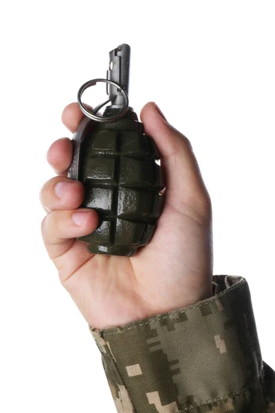 Soldier Holding Hand Grenade White Background Closeup — Stockfoto