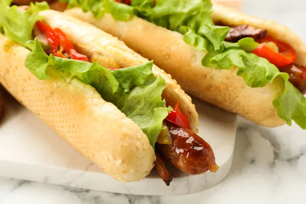 Tasty Hot Dogs White Marble Table Closeup Fast Food — Stockfoto