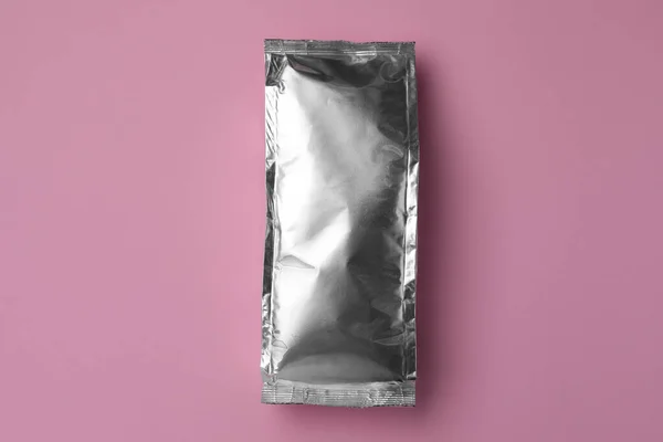 Blank Foil Package Pink Background Top View —  Fotos de Stock