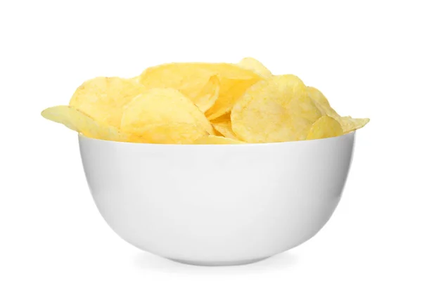 Bowl Tasty Potato Chips White Background — Foto de Stock