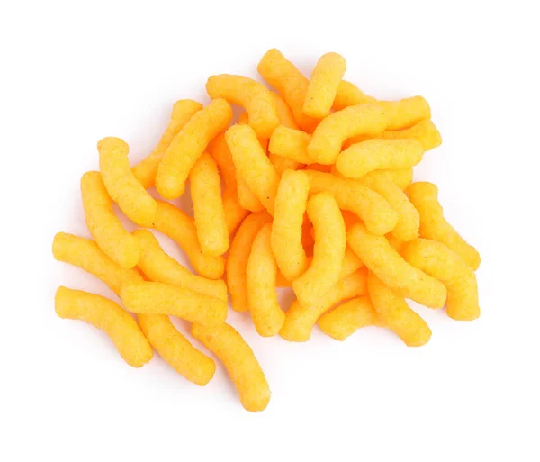 Many Tasty Cheesy Corn Puffs Isolated White Top View — Stockfoto