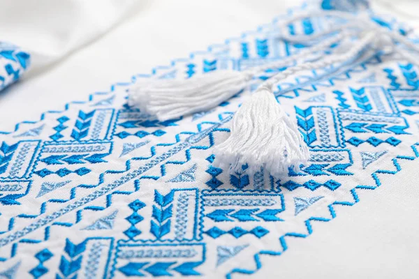 Beautiful White Shirt Light Blue Ukrainian National Embroidery Closeup — Fotografia de Stock