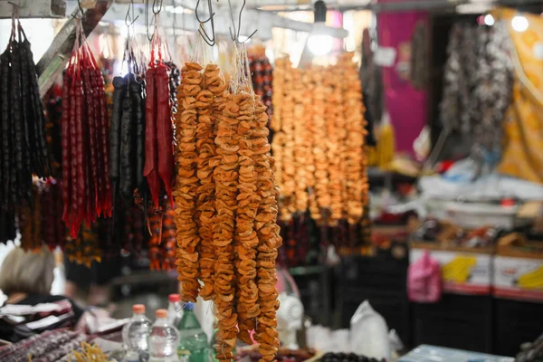 Bunches Different Delicious Churchkhelas Dried Figs Market Space Text — Φωτογραφία Αρχείου